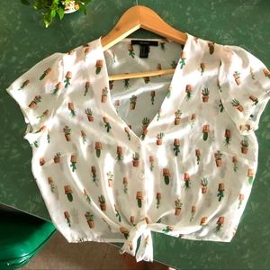 Forever 21 • Sheer Chiffon White Cactus Print Pattern Crop Top Tie Front Small